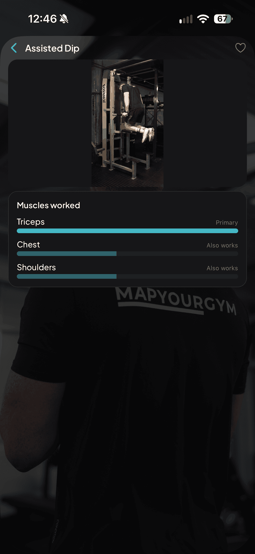 An exercise page showing a demonstration video and the muscles it works