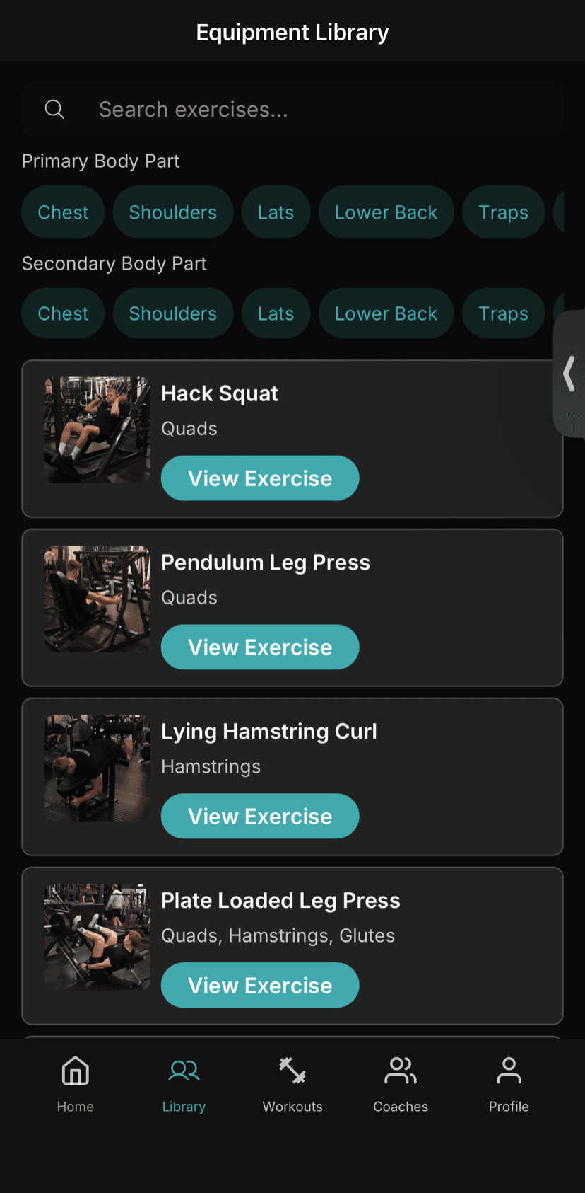 Equipment library in the Map Your Gym app