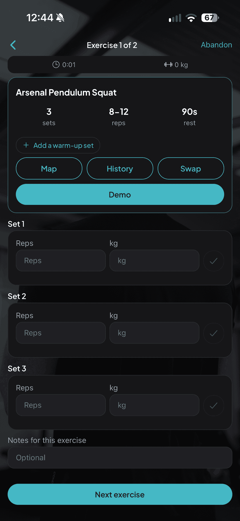 A workout in progress, showing the sets to complete and buttons for the map, history and a demo