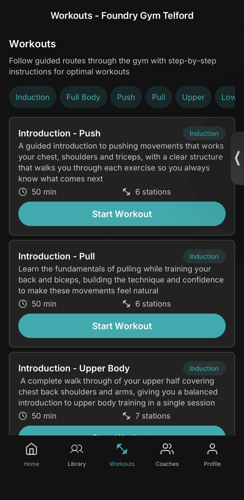 Guided workouts built around a gym's own equipment